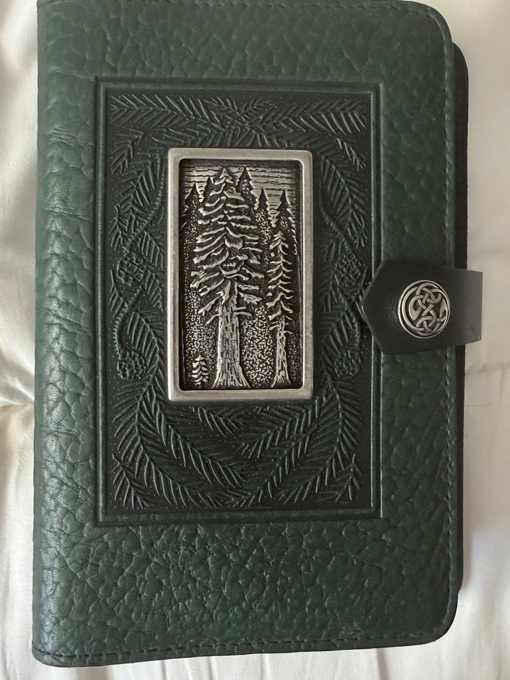 Oberon Green Embossed Pine Tree Leather Journal with Celtic Clasp